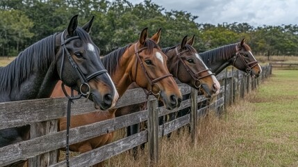 Fototapeta premium Four Horses by a Wooden Fence in Pasture