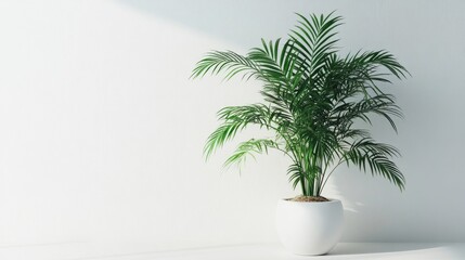 Obraz premium Lush indoor palm tree in a sleek white pot against a minimalistic white background for modern home decor and interior design inspiration