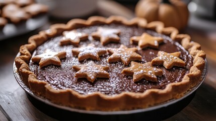 Pumpkin pie in a deep dish, topped with star-shaped gingerbread cookies and white sprinkles, set on a rustic wooden table.