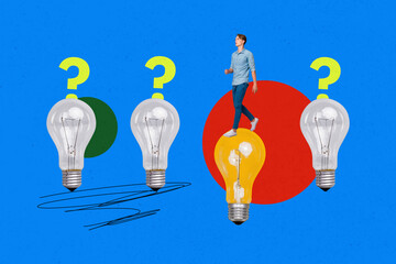 Contemporary sketch collage of serious man walk light bulb power choose strategy question mark...