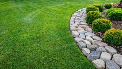 Obraz premium Garden Landscaping with Stone Border and Lush Green Lawn