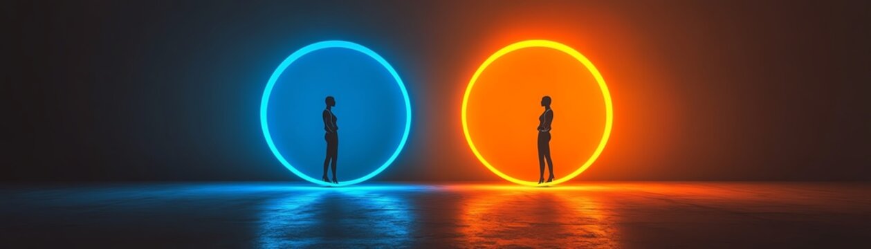 Two statuesque figures holding orange and blue circular rings in a minimal composition, modern design, sleek simplicity, ultrarealistic 8K render