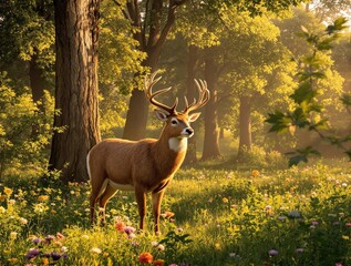 Close up of buck with fuzzy velvet antlers in a sunny woodland setting, creature, wildlife, wild