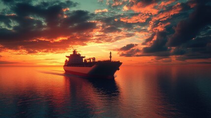 Fototapeta premium Majestic cargo ship sailing on calm waters at sunset with vibrant orange and purple clouds, harbor in the distance, peaceful maritime scene