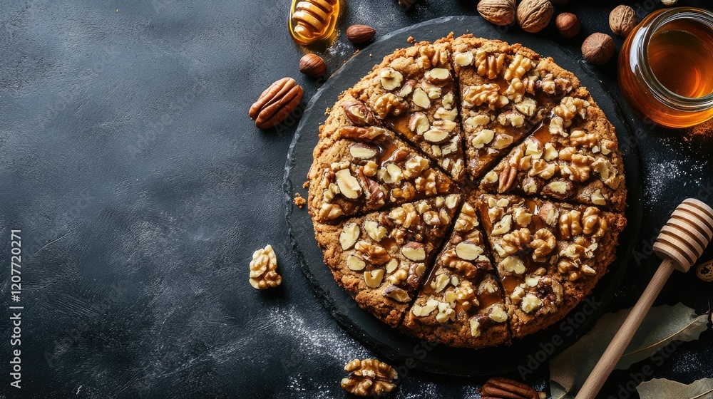 Poster Delicious homemade cookie cake topped with assorted nuts and honey on a rustic dark slate background with drizzling honey and scattered nuts.