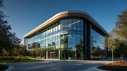 Modern glass office building with landscaped grounds.