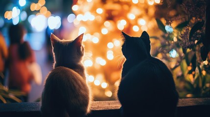 Cats observing Halloween festivities with joyful children, illuminated decorations, and a vibrant spooky atmosphere at night.