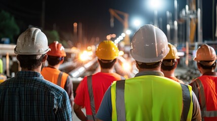 Construction crew at night with hard hats and reflective vests looking at bright lights