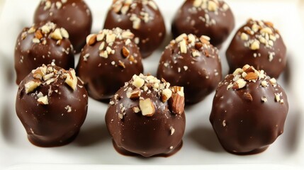 Decadent homemade dark chocolate truffles topped with crunchy nuts on a clean white plate, rich brown tones, perfect for gourmet dessert presentations