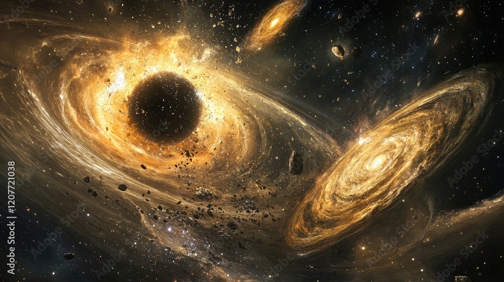 Poster cosmic scene featuring a large black hole surrounded by glowing galaxies and particle collisions, wi