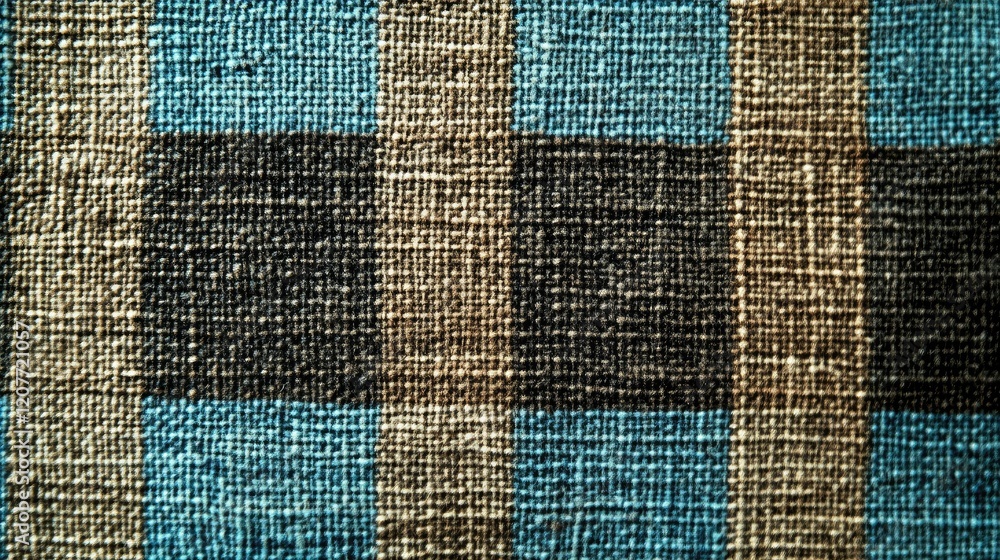 Poster checkered fabric texture macro with light blue and brown colors showcasing intricate woven structure