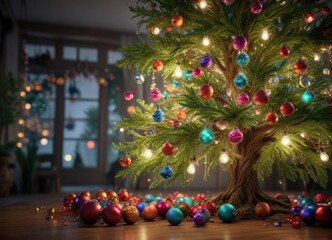 A lush green tree branches out with an abundance of colorful ornaments and sparkling lights, lush foliage, festive garland