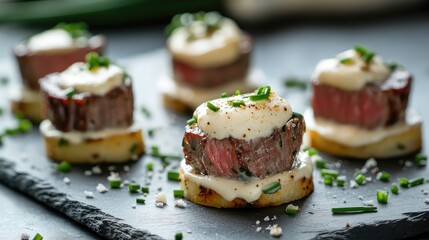 Gourmet steak canapÃ©s topped with foamy parmesan sauce and chives elegantly presented on a slate board for upscale dining events