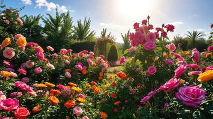 Fototapeta premium A lush garden filled with colorful blooms and towering rose bushes under a radiant sunny sky, garden, greenery, stems