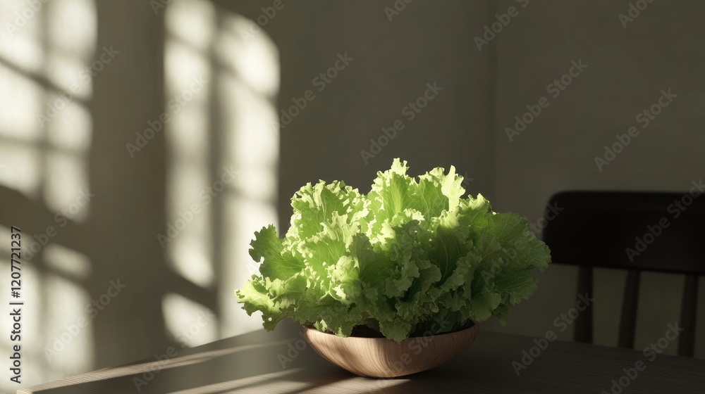 Poster fresh green lettuce in a rustic wooden bowl on a table illuminated by soft natural light with shadow