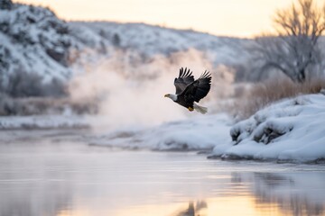 A bald eagle soaring over the Shoshone River, its reflection faintly visible in the clear waters below