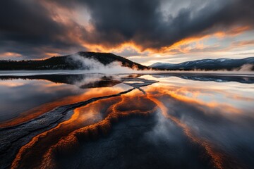 A bubbling hot spring in Yellowstone, surrounded by colorful mineral deposits and steaming mist