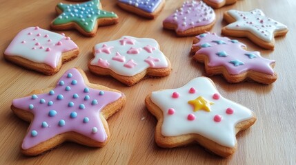 Colorful homemade festive cookies decorated with icing on a rustic wooden table creating a cheerful holiday ambiance.
