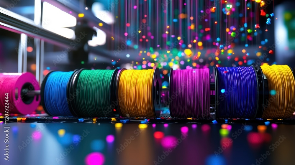 Aufkleber spools of vibrant, multi colored plastic filaments are ready for 3d printing, with colorful particle