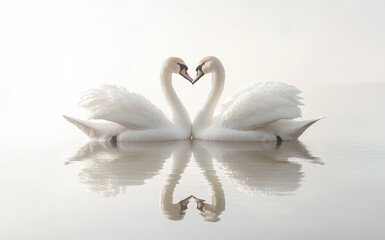 Obraz premium Two swans are swimming in a lake, with their heads together in a heart shape. Concept of love and affection between the two birds