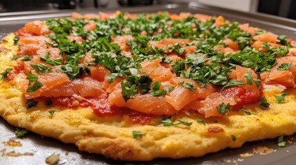 Rustic gluten free pizza with vibrant smoked salmon and fresh parsley topping on a golden crust placed on a dark baking tray in a cozy kitchen setting