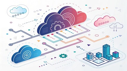 A colorful illustration depicting cloud computing concepts, featuring clouds, gears, and city buildings connected by data pathways.