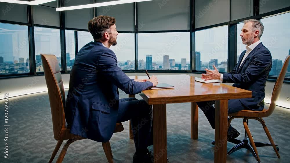 Poster professional interview taking place in a modern office with a city skyline backdrop