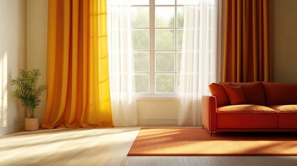 Bright living room scene with yellow and white curtains, red sofa, warm sunlight, and indoor plant near a large window.