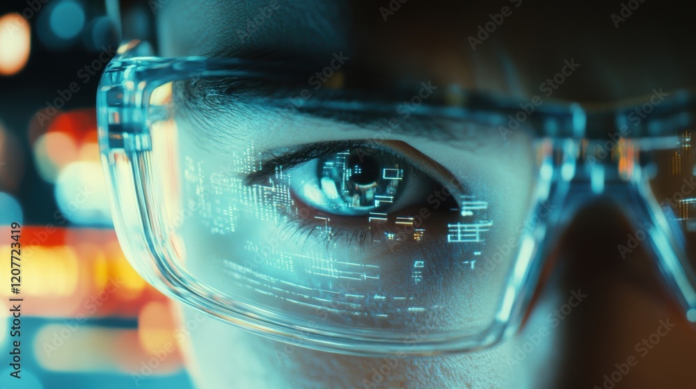 Poster close up of scientist wearing futuristic glasses displaying data analysis in a laboratory setting, s