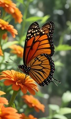 Fototapeta premium A monarch butterfly alights on the vibrant orange petals of a zinnia flower in a sunny summer garden, natural, flowers