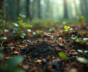 Obraz premium A mosquito settles on a patch of soil on a forest floor with a brown undergrowth, natural environment, outdoor scene