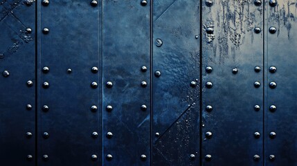 Fototapeta premium Dark blue industrial metal texture with rivets and weathering for backgrounds or design elements in technology and engineering themes