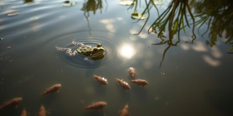 Naklejka premium A mother frog swimming with her tadpoles in the middle of a pond under a sunny sky, water, pond, swimming