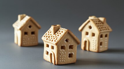 Festive homemade gingerbread house cookies on gray surface decorative greeting card design with warm tones and intricate details