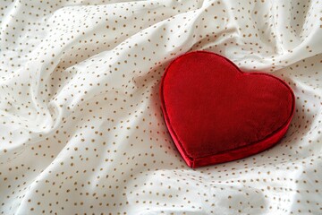 Fototapeta premium Red velvet gift box in the shape of a heart placed on a bed of silk fabric.