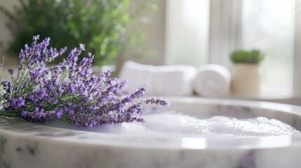 Elegant Marble Bathtub with Lavender Flowers and Bubbles in Serene Bathroom Setting