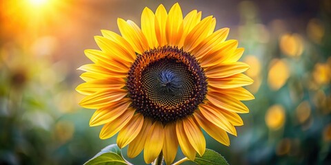 Fototapeta premium Close-up of a single sunflower head with delicate petals and dark brown center in a soft focus style, sunflower, texture, macro photography, nature