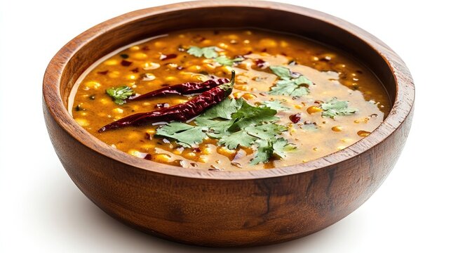 Dal Fry or Dal Tadka Curry in Wooden Bowl with Spices and Coriander Garnish Isolated on White Background High Quality Food Photography
