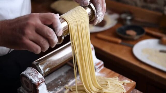 Traditional italian homemade pasta being made on hand machine for cutting dough. Slow motion food footage of Fresh spaghetti pasta coming out of pasta machine, close-up. Chef use pasta cutting machine