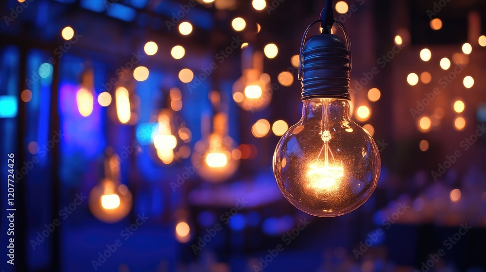 Poster festive light bulb decorations creating a warm ambiance at a vibrant party setting with magical boke