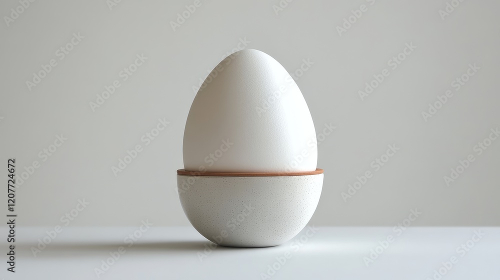 Poster elegant white egg positioned in minimalist grey container on soft white background emphasizing simpl