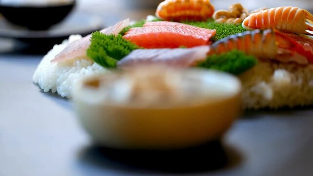 Japanese food: Mix sashimi and ebi served with Japanese cooked rice on table. Clean food concept. Focus shift and movement camera. Selective focus and free space for text