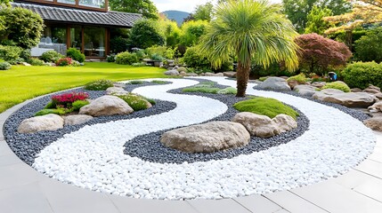 Serene Zen Garden Landscape Design with White and Grey Pebbles