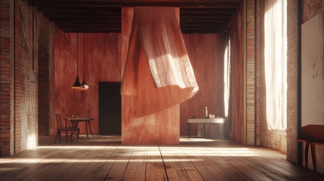 Spacious and Modern Interior with Textured Walls, Dramatic Lighting, Minimalist Furniture, and Artistic Drapery Creating a Unique Atmosphere for Design Inspiration