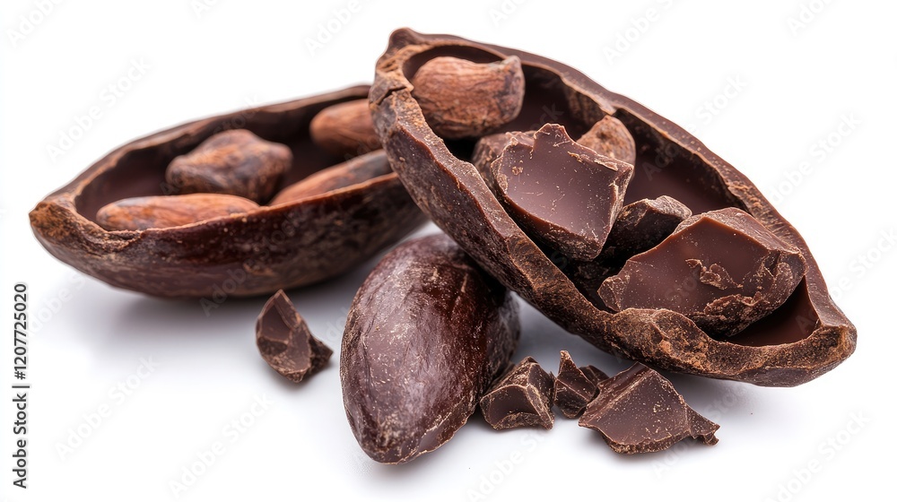 Poster luxury chocolate bars with broken cocoa pods and cocoa beans on a clean white background showcasing 