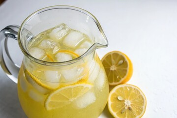 A pitcher filled with ice and filled with freshly squeezed lemon juice, cold drink, glass pitcher, refreshing beverage, citrus juice
