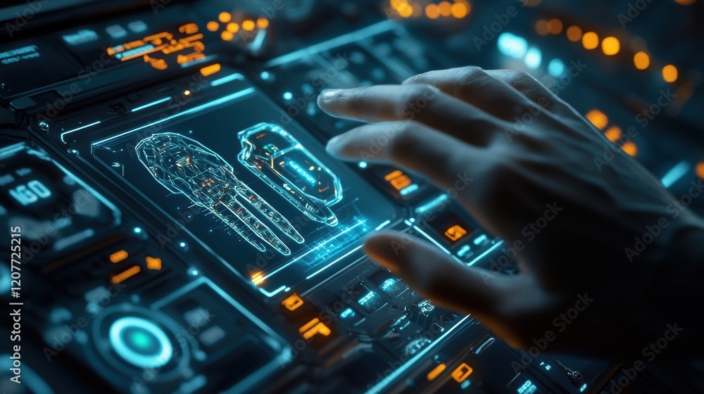 Poster engineer uses a complex digital interface to control a futuristic robotic arm, showcasing advanced t