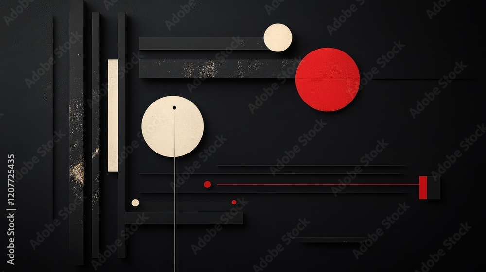 Poster abstract geometric composition with red circles and cream shapes on black background featuring minim