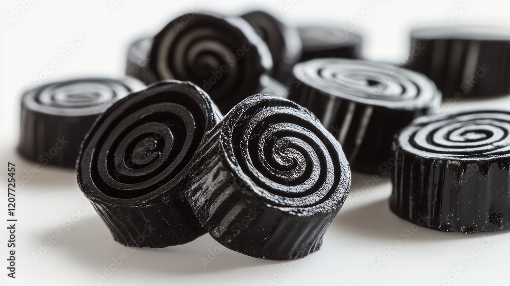 Poster black licorice candy swirls arranged on a white background highlighting their unique shape and gloss