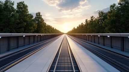 A serene railway scene at sunset, flanked by trees, showcasing tracks leading into the horizon under a colorful sky.